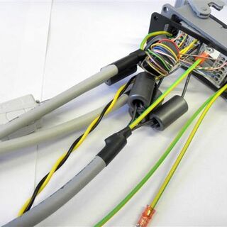 Customized cable tree with Harting connector, ferrite cores, heatshrinks and wires