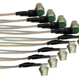 12 pin flange plug soldered on circuit board, with heatshrink and plastic spiral